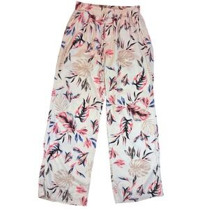 Briggs Linen Blend Pants Women Size M‎ Cream Tropical Floral Wide Leg Pull On